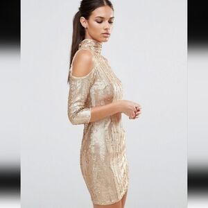 TFNC London Freeda High Neck Gold Sequin Mini Dress Size Women's 6 NEW with TAGS